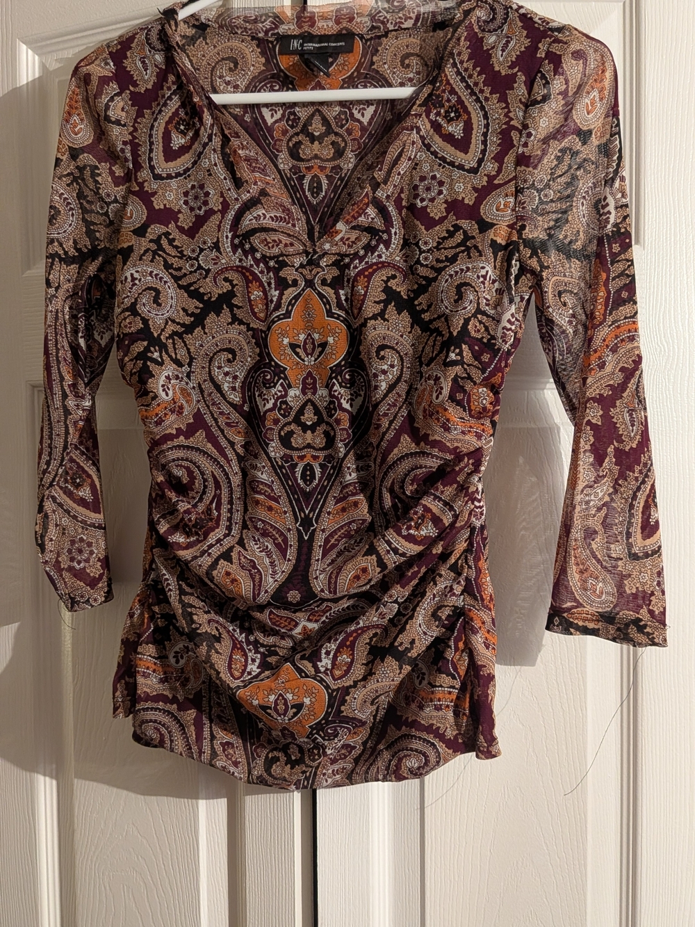 INC International Concepts Burgundy and Orange Paisley V-Neck Ruched Top